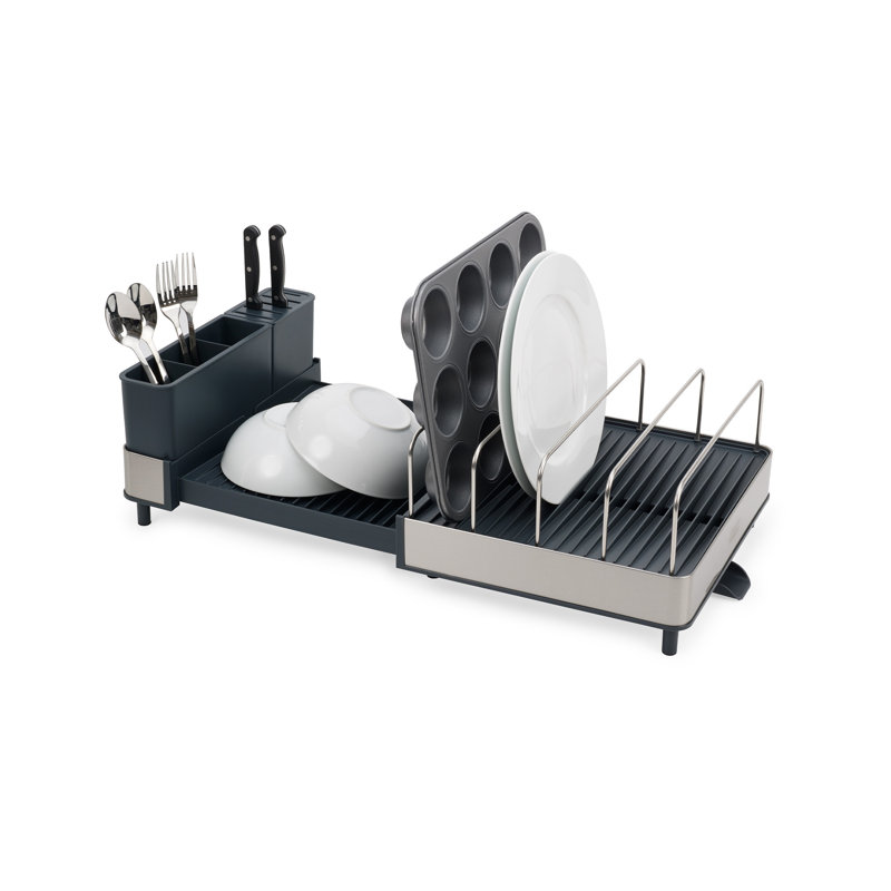 Steel Expanding Dish Rack with Utensil Cup and Draining Spout