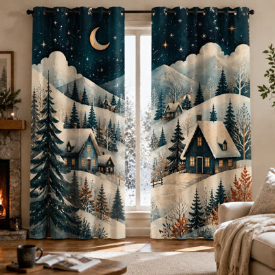 2Pcs Winter Mountain Village Snow Scene Printed Sun Blocking Curtains, Artistic Landscape, Thermal Insulated Ring Top for Living Room Bedroom Decoration for Home Dector