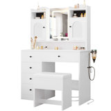 Vanity Desk Set With Large Led Lighted Mirror And Power Outlet, Makeup Table With 5 Drawers & 2 Jewelry Armoire,for Bedroom