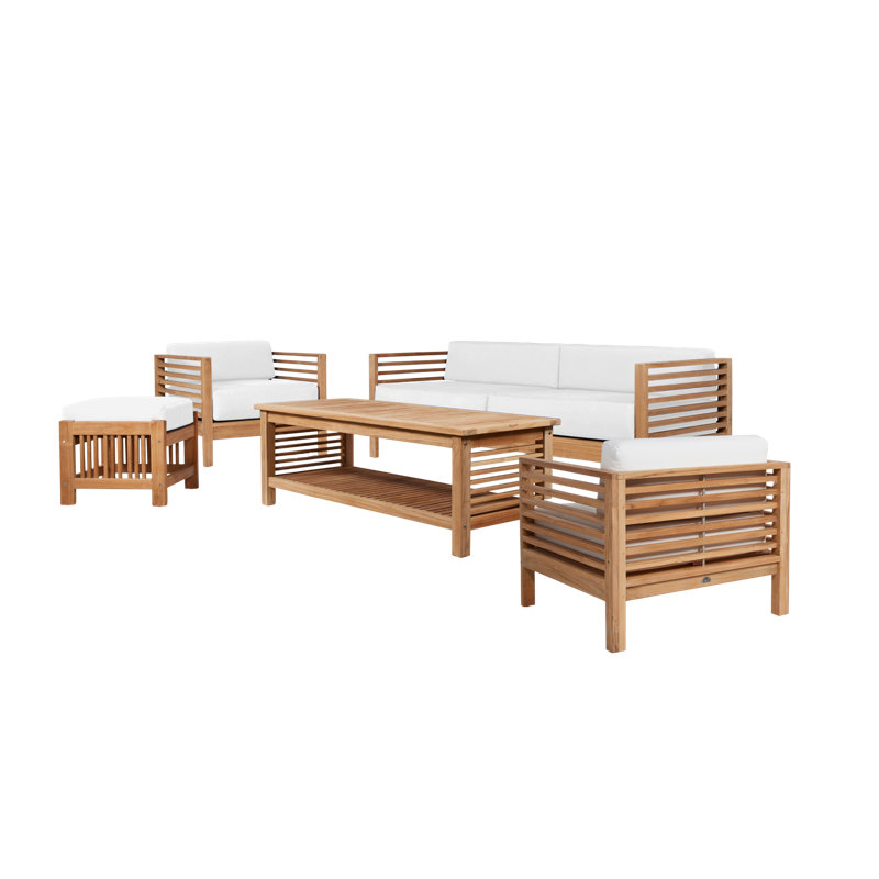Summer 5-Piece Teak Outdoor Patio Deep Seating Set, Natural, Canvas White Sunbrella® Canvas