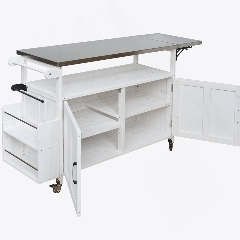 Foldable Outdoor Kitchen Island With Lockable Wheels, Storage, And Towel Rack For Efficient Patio Cooking, White