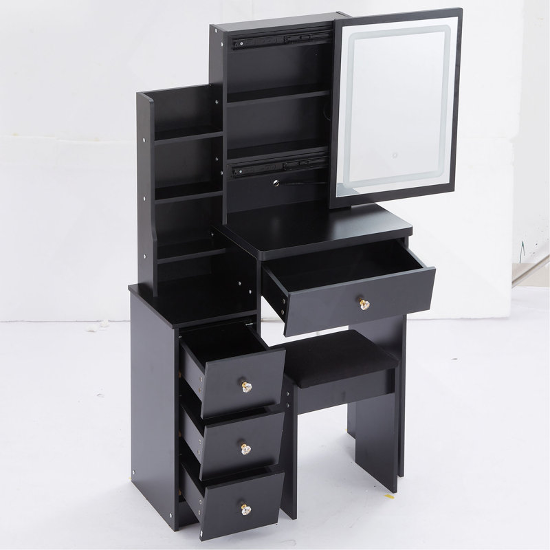 29.2" Small Size Left Bedside Cabinet Vanity Table + Cushioned Stool, Large Sliding, Touch Control, Tri-Color Switching, Brightness Adjust LED Mirror, High Capacity Storage, Suitable For Small Space