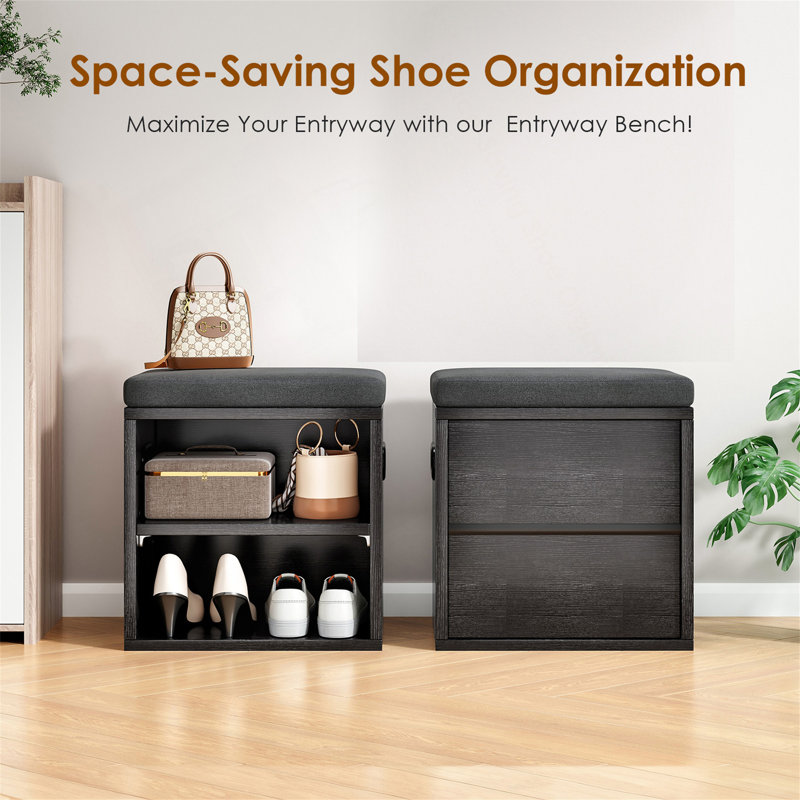 Small Shoe Bench with Cushion And Storage For Entryway, Black