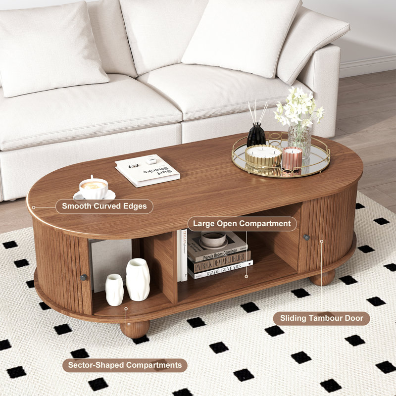 Table basse ovale avec portes coulissantes, table basse moderne cannelée de style Mid-Century avec rangement caché pour le salon, noyer