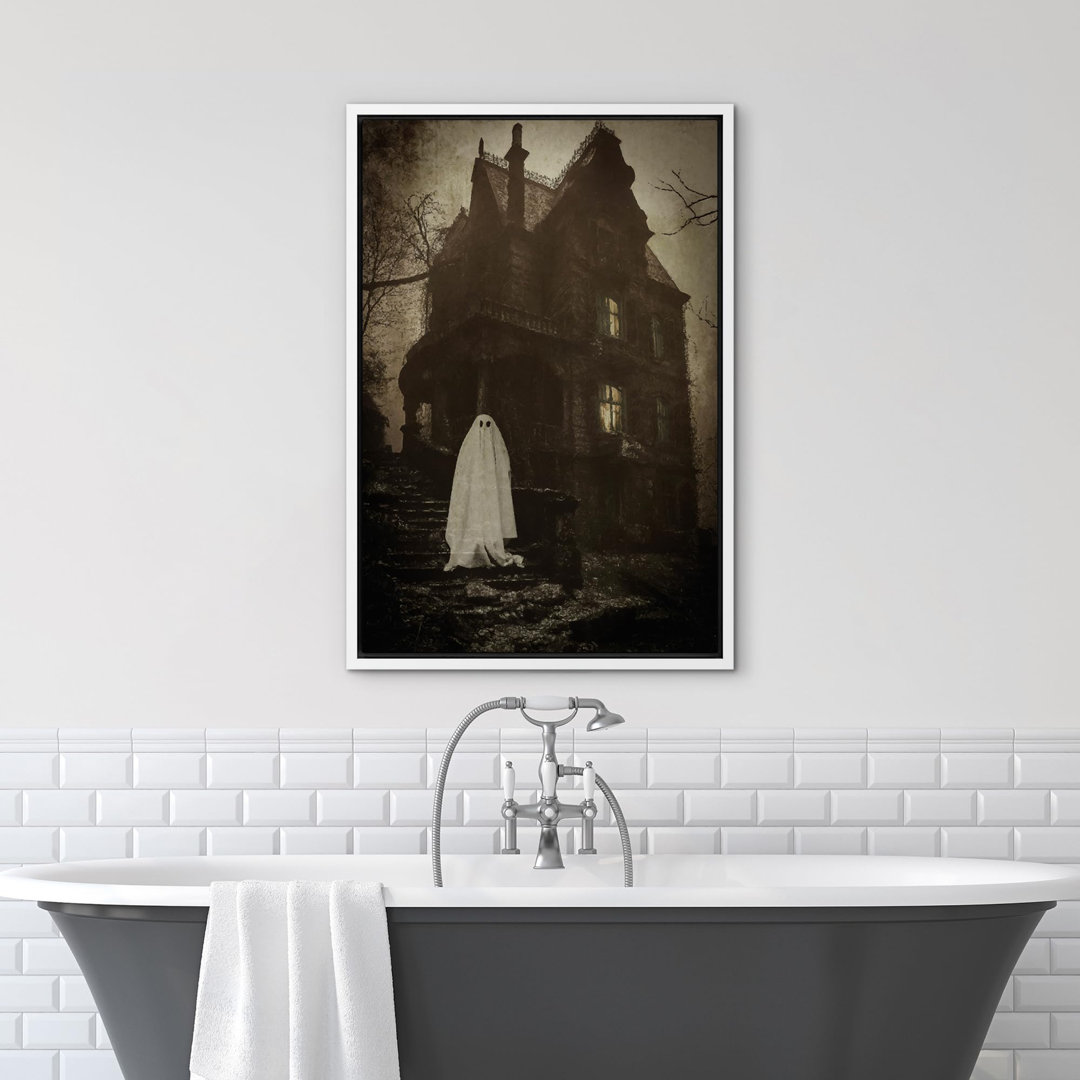 Moody Skull "Ghost In Front Of Haunted House  Illustrations Canvas Print Art Work Halloween Decor " IDEA4WALL Overall 