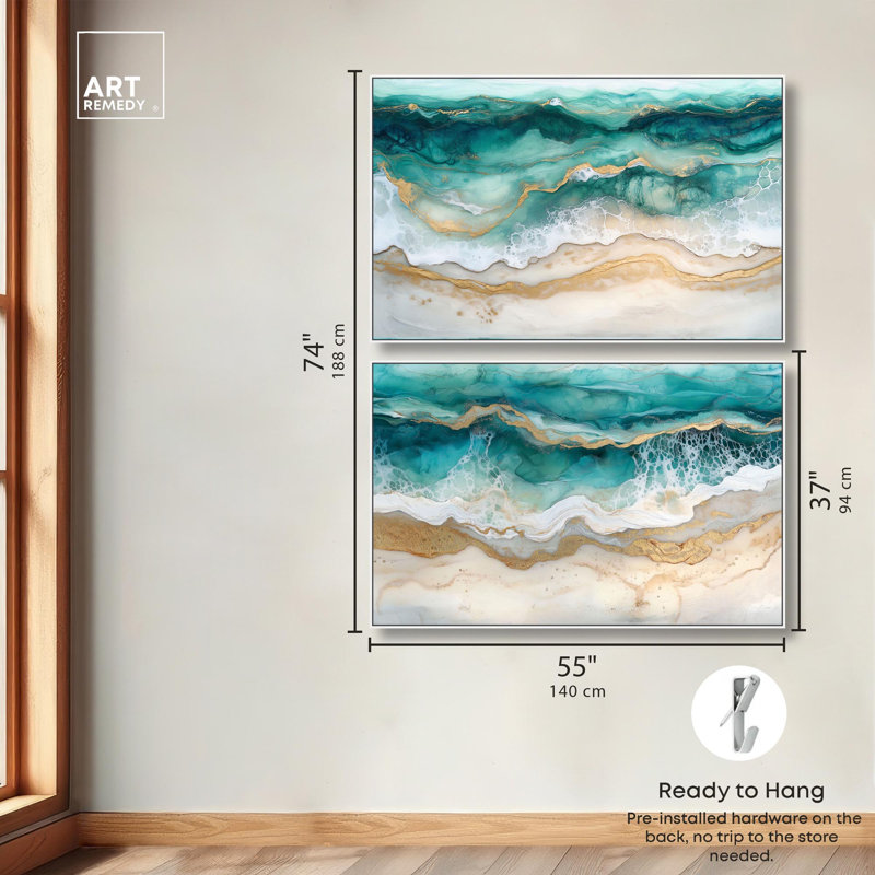 "Waters", ensemble de 2 toiles vertes et bleues par Art Remedy, Cadre flottant blanc, H 36 po x l 54 po