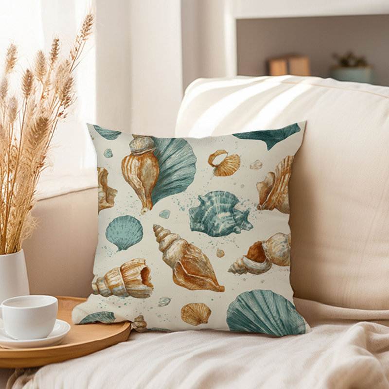 Housse de coussin pour plage et côtes, Carré 16 po, Beige / bleu nautique / plage 7