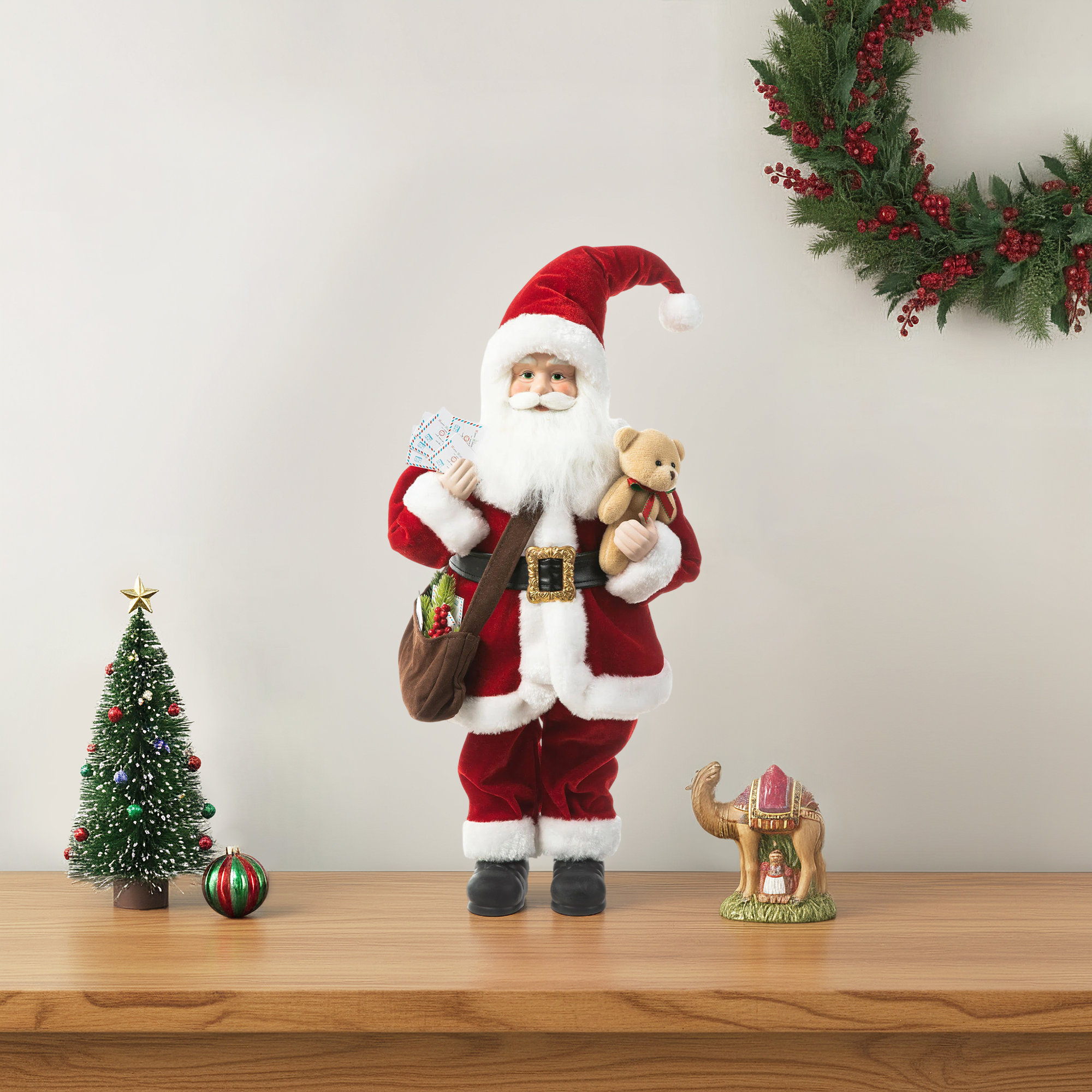 18"H Faux Fur Christmas Mail Santa Figurine With Porcelain Face