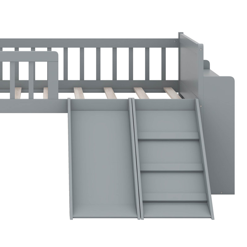 Structure de lit simple avec glissière, échelle et garde-corps - Lit plateforme en bois avec tablette de rangement et espace sous le lit