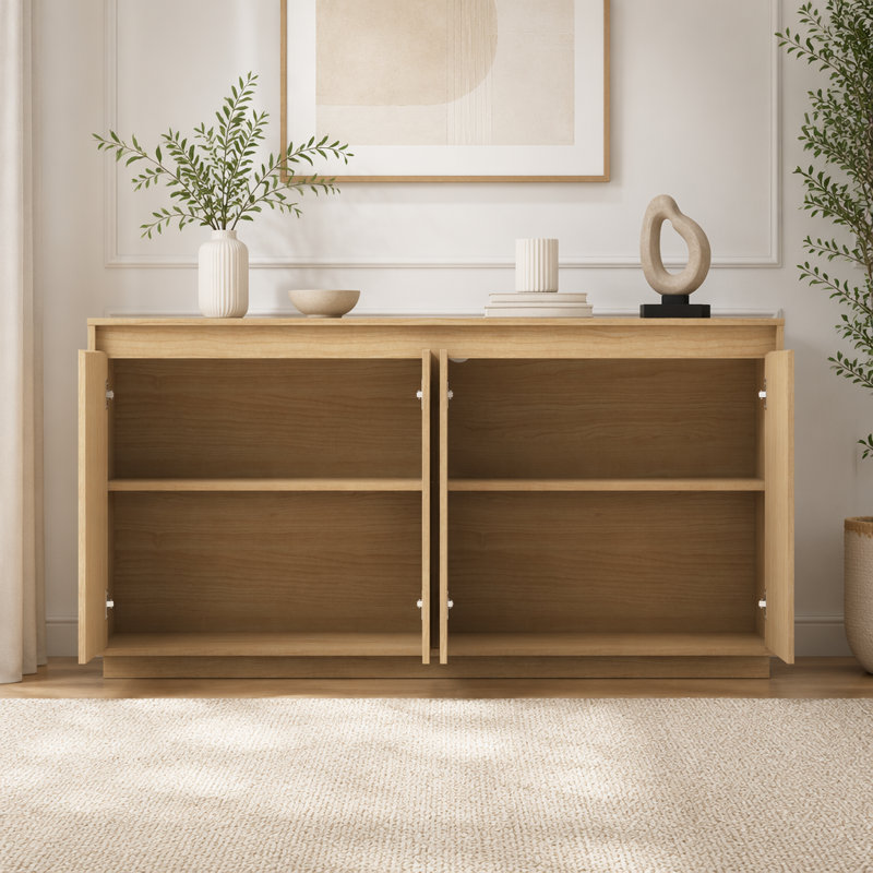 Buffet 4 portes avec prise de courant et portes texturées ondulées, Naturel