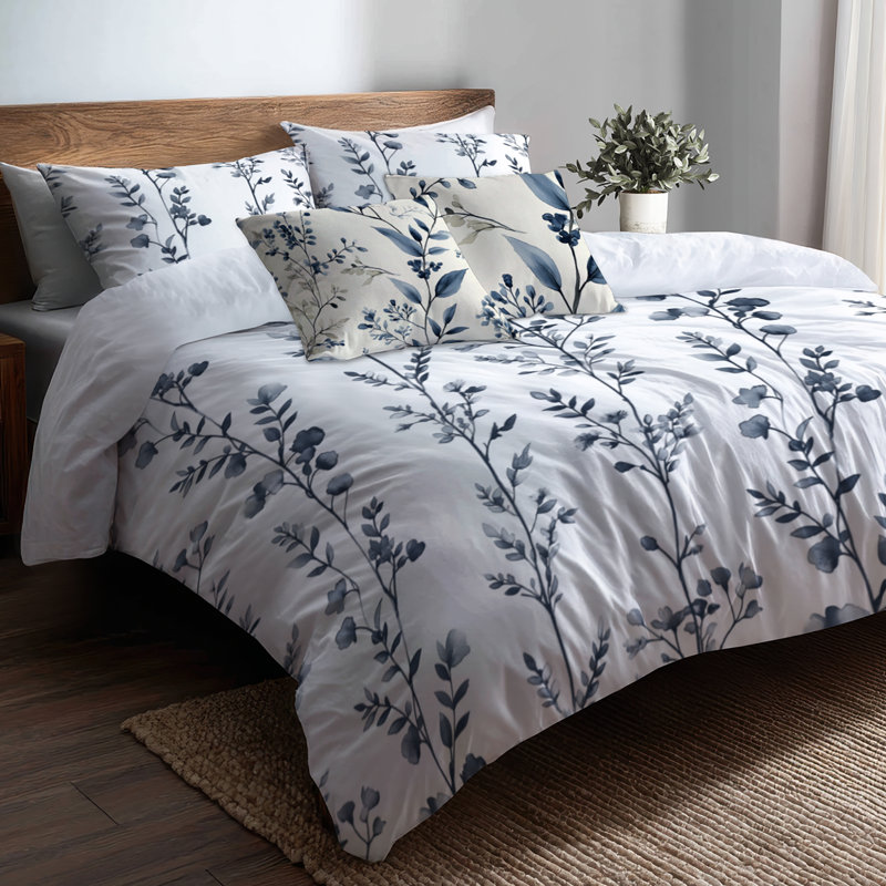 Ensemble d'édredon Country Farmhouse 6 pièces - Ensemble de literie et de coussins décoratifs Blue Botanical