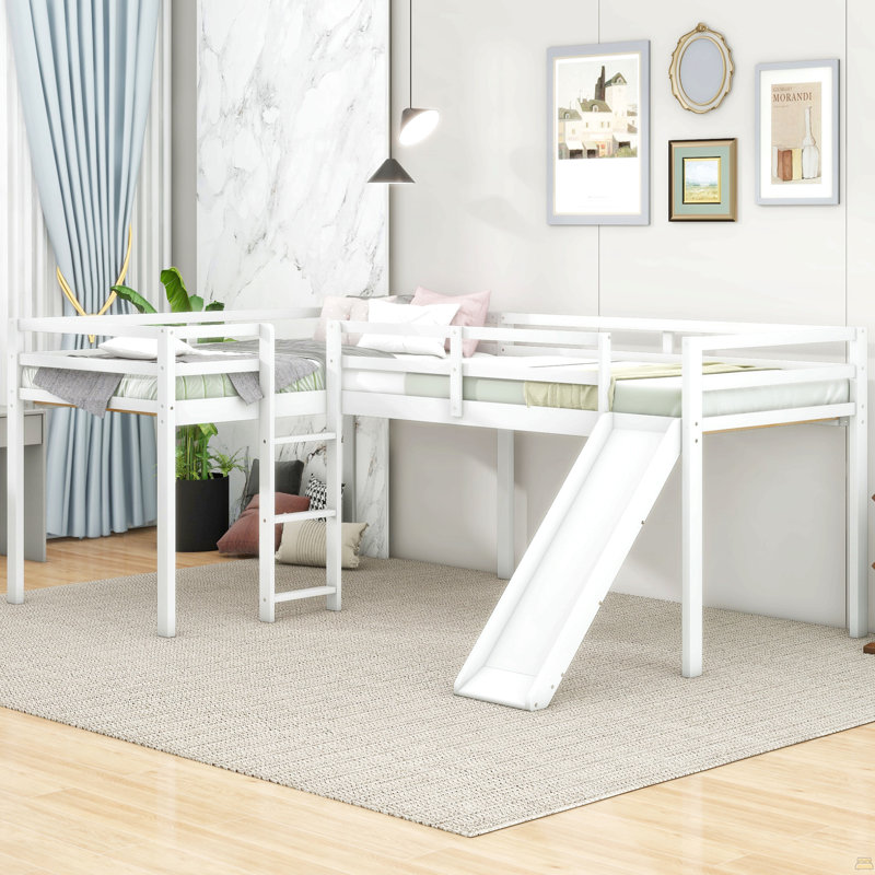 Lit mezzanine simple en L avec échelle et toboggan, Blanc
