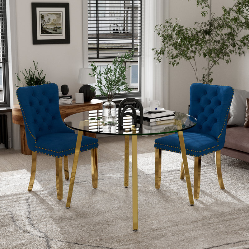 Ensemble de table de salle à manger ronde en verre, Bleu, Doré, 3