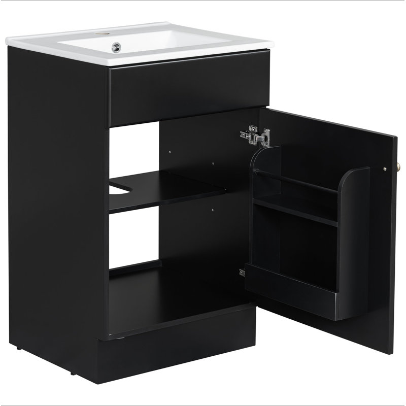 Meuble-lavabo de 20 po avec lavabo, meuble-lavabo avec tablette de porte et tablette réglable, Noir, Doré