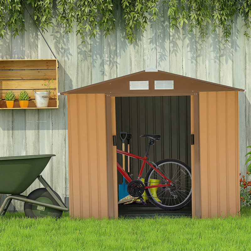 7' X 4' Outdoor Storage Shed, Garden Tool House With Foundation, 4 Vents And 2 Easy Sliding Doors, Yellow