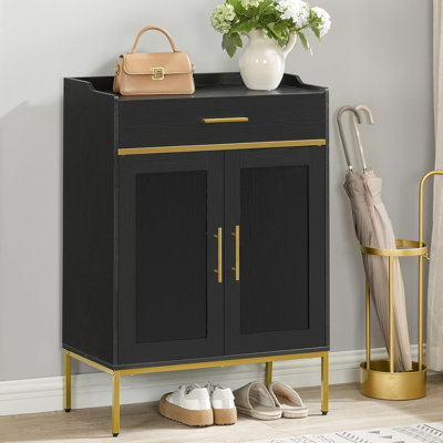 Range-chaussures avec portes, range-chaussures à 5 niveaux avec tiroirs, range-chaussures de 36,6 po de hauteur, range-chaussures en bois pour l'entrée, tablettes réglables, noir