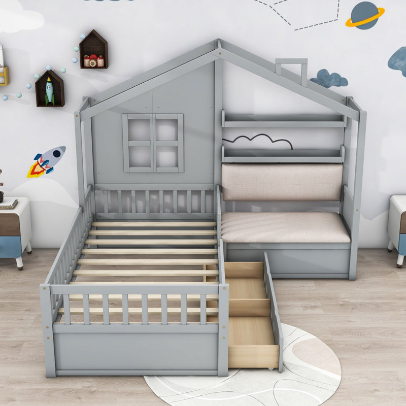 Lit plateforme simple à deux tiroirs avec canapé et tablettes de rangement, gris