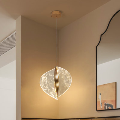 Modern Gold Dimmable Led Pendant Light With Cloud Vein Leaf Design Acrylic Shade & Remote Control