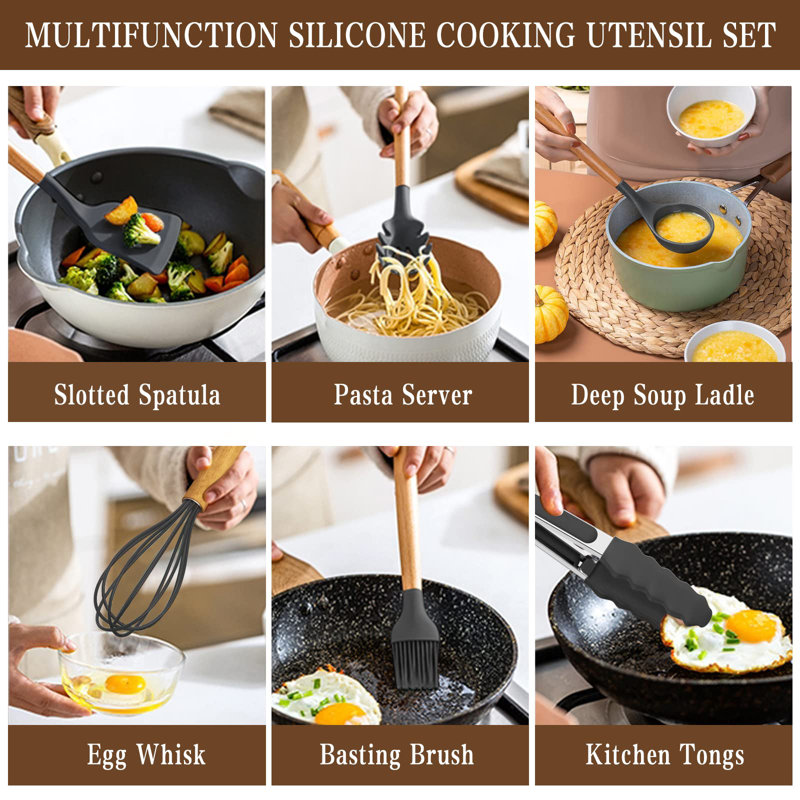 Ensemble d'ustensiles de cuisine Chef 33 pièces, ensemble de spatules antiadhésives en silicone avec support,, gris