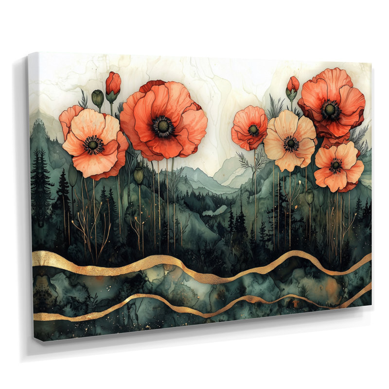 Fleurs de coquelicots sur un dessus de pierres émeraude II - coquelicots, art mural, H 24 po x l 32 po, Toile tendue