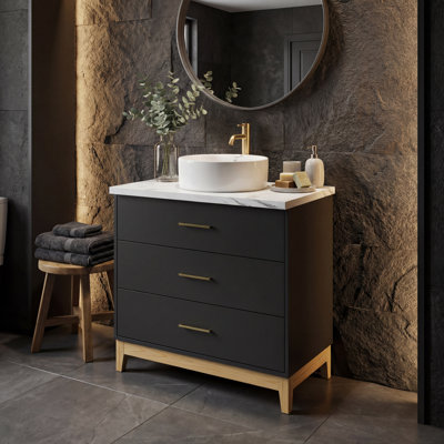 Meuble-lavabo 31,5 po avec vasque ronde - armoire noire, pieds en bois massif et rangement à 3 tiroirs