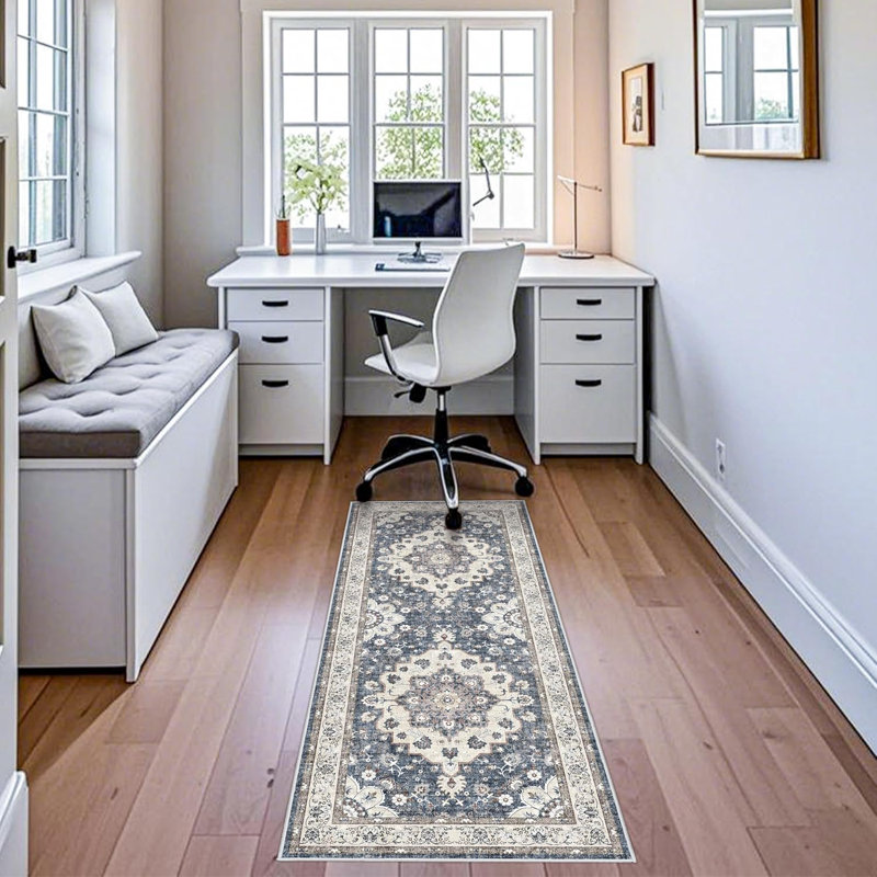 Washable Hallway Rug: Oriental Non-Slip Rugs for Entryway Living Room Floral Stain Resistant Long Kitchen Bathroom Carpets Accent Low Pile Floor Mat for Dining Room Bedroom (Blue)