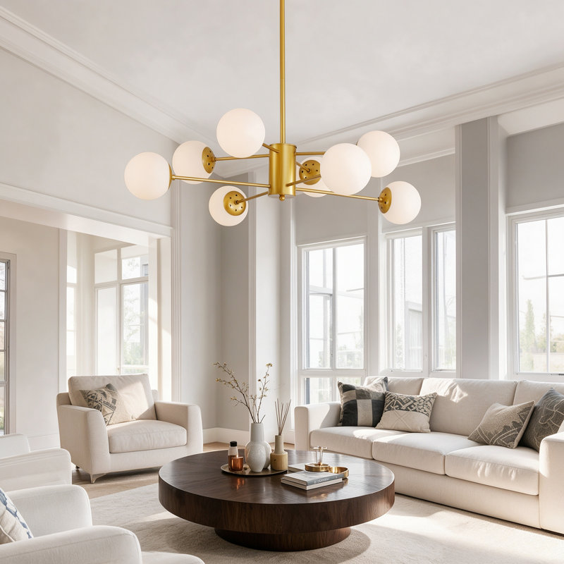 35.4"H 8-Light Mid-Century Sputnik Chandelier, Brass Gold Milk Glass Globe Pendant Light