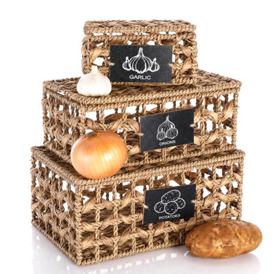 Potato Onion Garlic Storage Bins with Lid for Kitchen Counter,Set of 3 Kitchen Vegetable Keeper for Pantry Organization, Stackable Farmhouse Baskets Organizer for Cabinet Farmhouse Decor(natural)