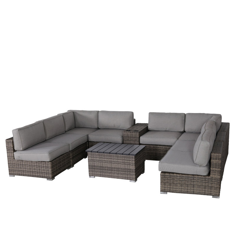 Mixed Gray Rattan Wicker 10-Piece Outdoor Sectional Set with Cushions