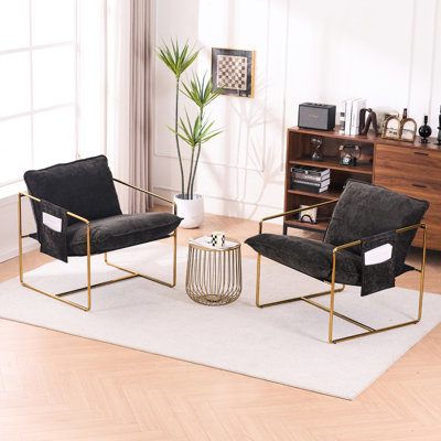 2 fauteuils dans 1 boîte. Conception gris foncé. Cadre en métal, doré - ajustements. Coussins en mousse Cushy, tissu de velours tissé lisse. Pour le salon, la chambre à coucher. Look tendance,