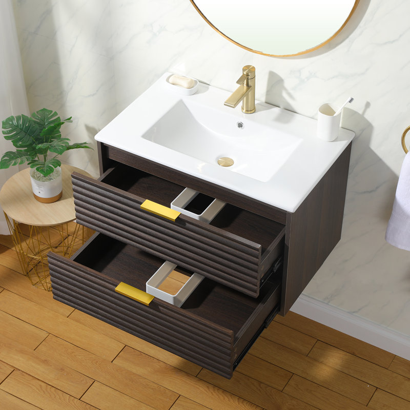 Meuble-lavabo mural moderne 30 po grain de bois brun