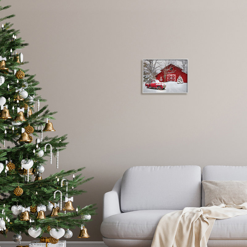 Red Barn and Vintage Truck Winter Scene Canvas Print