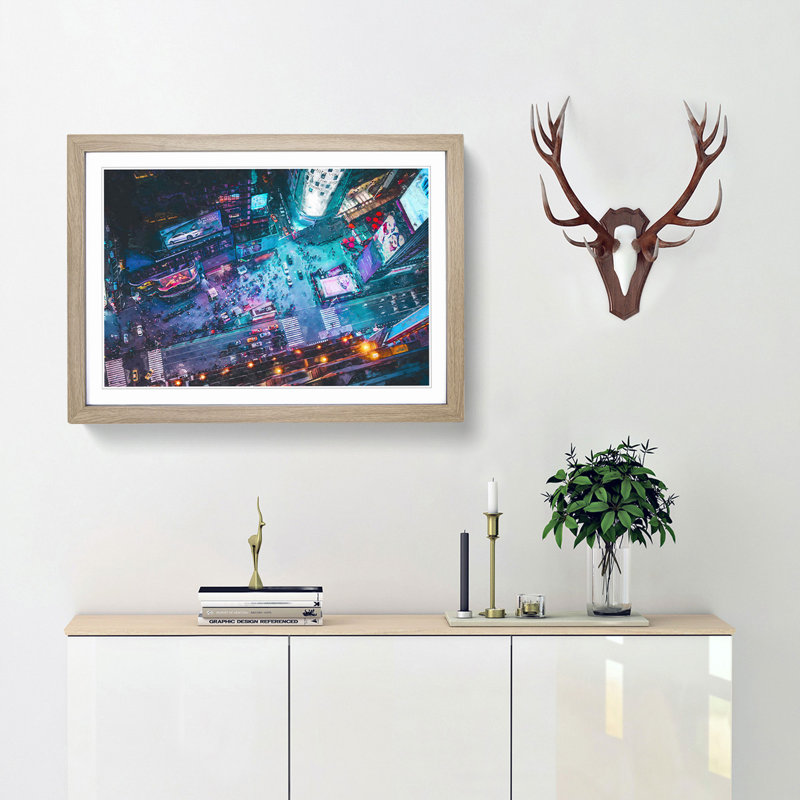 High Above Times Square in Abstract - Picture Frame Graphic Art Print, Oak Framed, 27cm H x 36cm W x 2cm D