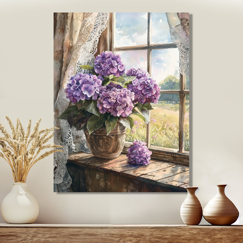 Hortensias par la ferme fenêtre I - reproduction d'art traditionnelle en métal, décoration murale en métal hydrangées