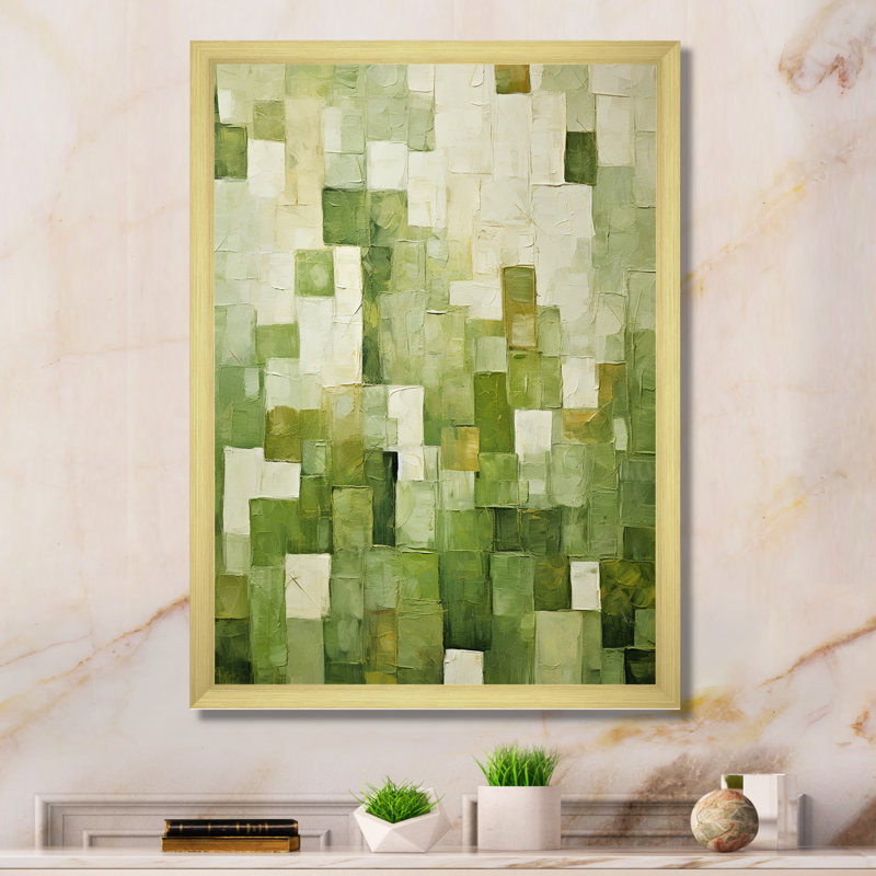 «Abstract Green Tiles Incubism», art mural abstrait, Cadre photo doré, H 20 po x l 12 po x P 1 po