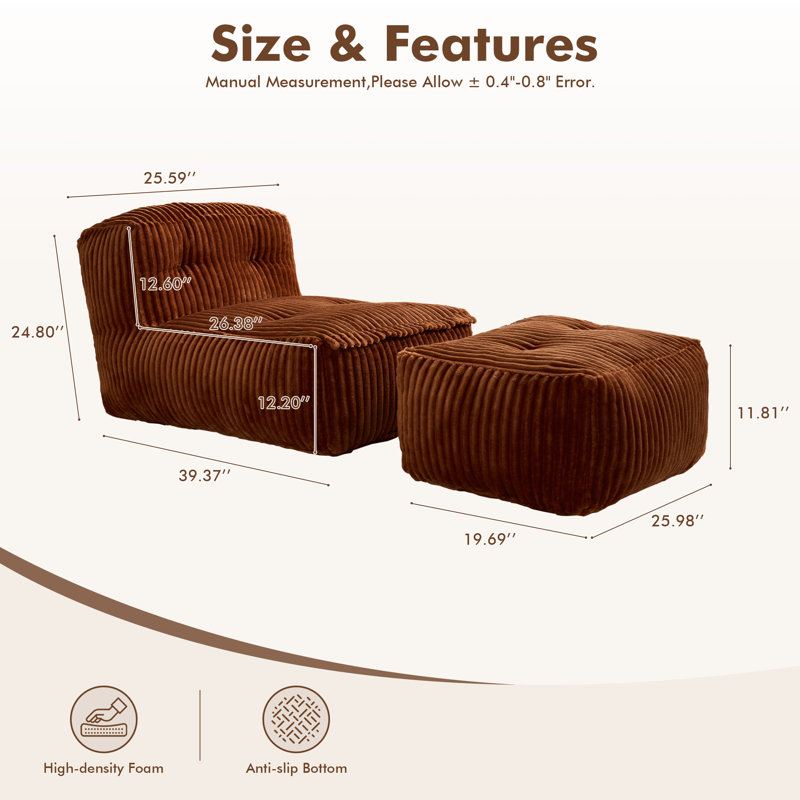 Fauteuil à billes en velours côtelé avec repose-pieds, Brown