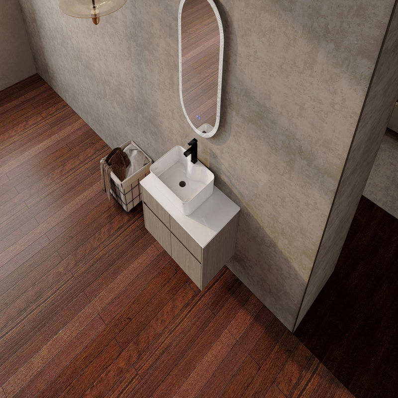 Meuble-lavabo mural de 81 cm (32 pouces) avec lavabo décoratif en céramique, panneau plat en PVC, 2 portes à fermeture amortie et 1 tiroir, emballage amovible, panneaux de particules