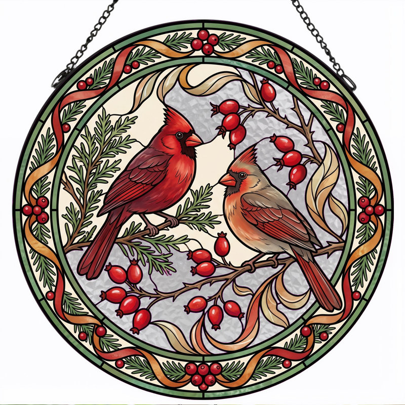 Vitrail Cardinal Birds, H 7,8 po