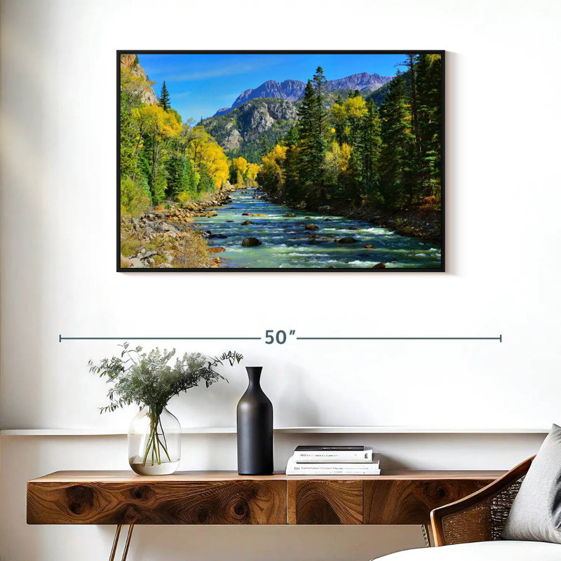 Montagne avec rivière, Cadre flottant noir, 37 po x 25 po