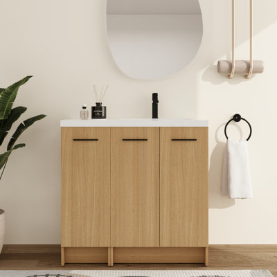 Meuble-lavabo autoportant 36 po avec lavabo en résine et tablette réglable 36 po, 3 portes à fermeture en douceur