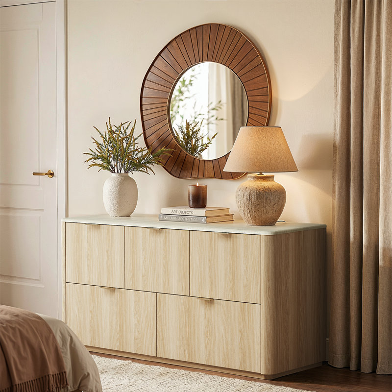 Elaren Faux Travertine 5 Drawers Dresser 52" Wide Modern Wood Chest For Bedroom Living Room