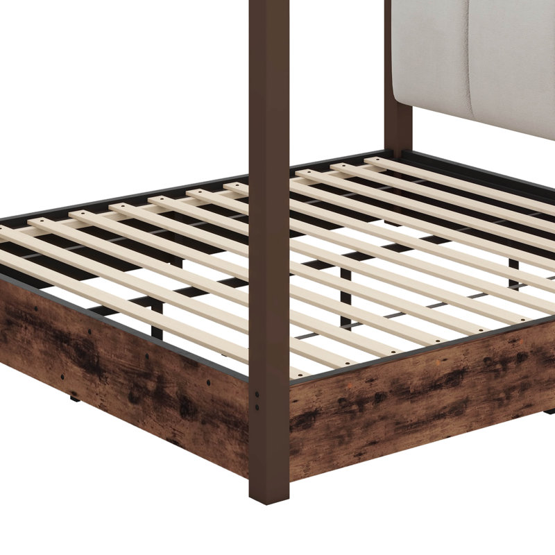 Lit plateforme avec auvent, tête de lit rembourrée et structure en métal, King, Brown