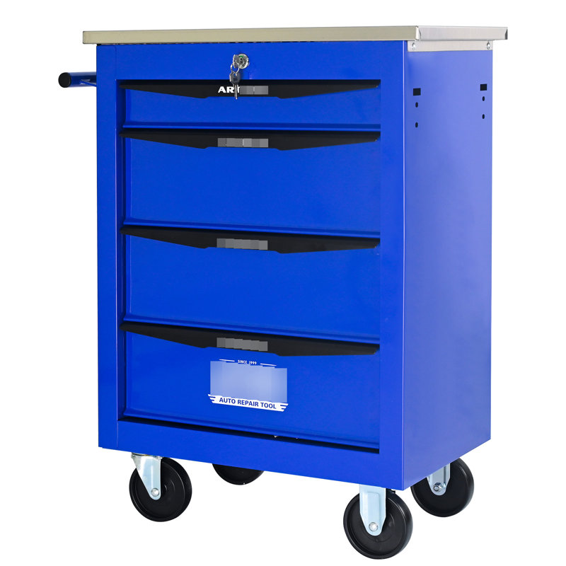 Multifonctionnel chariot à outils en métal à 4 tiroirs avec roues, rangement pour le garage, noir et bleu, roues universelles verrouillables, poignée latérale, tiroirs à roulement à billes de 15 kg et toit en acier inoxydable, réparation de roulement