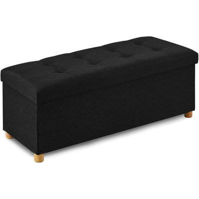 Banc ottoman pliant noir avec rangement intégré, pieds en bois, siège en lin rembourré, repose-pieds multifonctionnel et coffre de rangement pour chambre, salon et entrée.