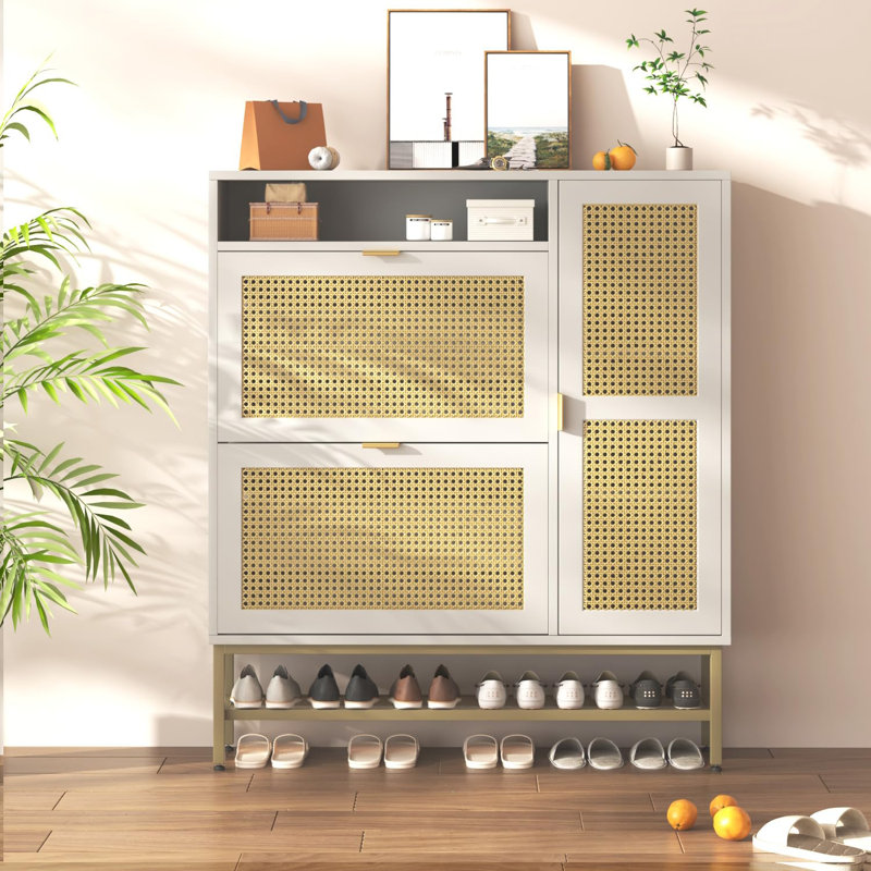 Armoire à chaussures en rotin avec 3 tiroirs rabattables, range-chaussures autoportant avec tablettes réglables, Blanc