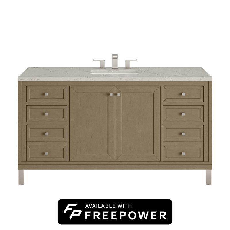 Chicago 60"W Single Vanity W/ Freepower Wireless Charger, Walnut Whisper, Victorian Silver