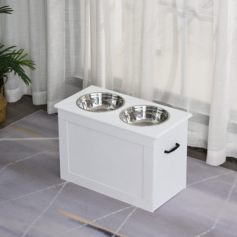 White Elevated Pet Feeder with Stainless Steel Bowls and Storage