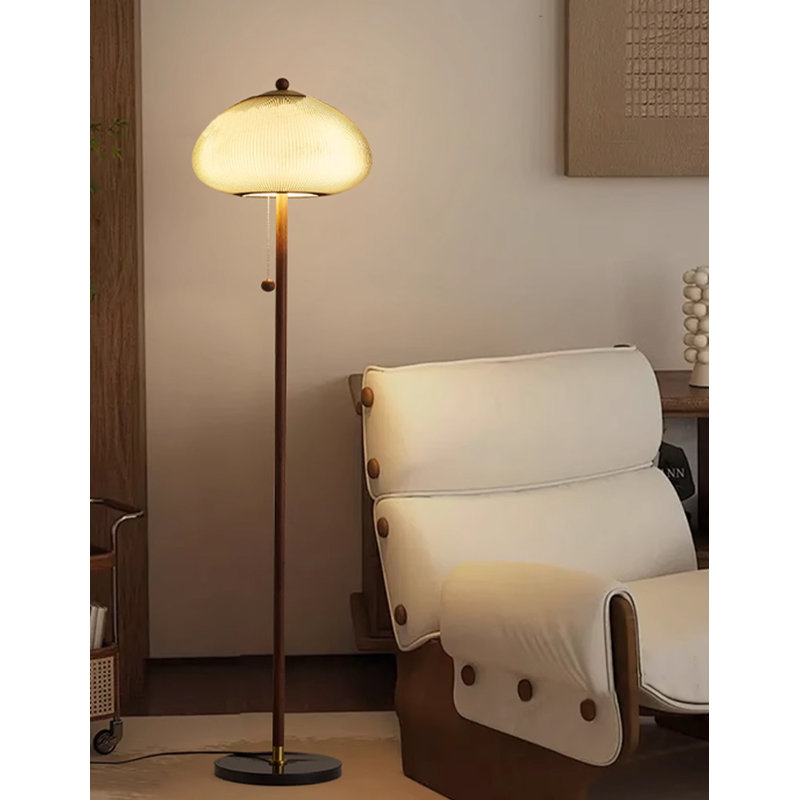 Solid Wood Pole Floor Lamp With Ribbed Dome Fabric Shade