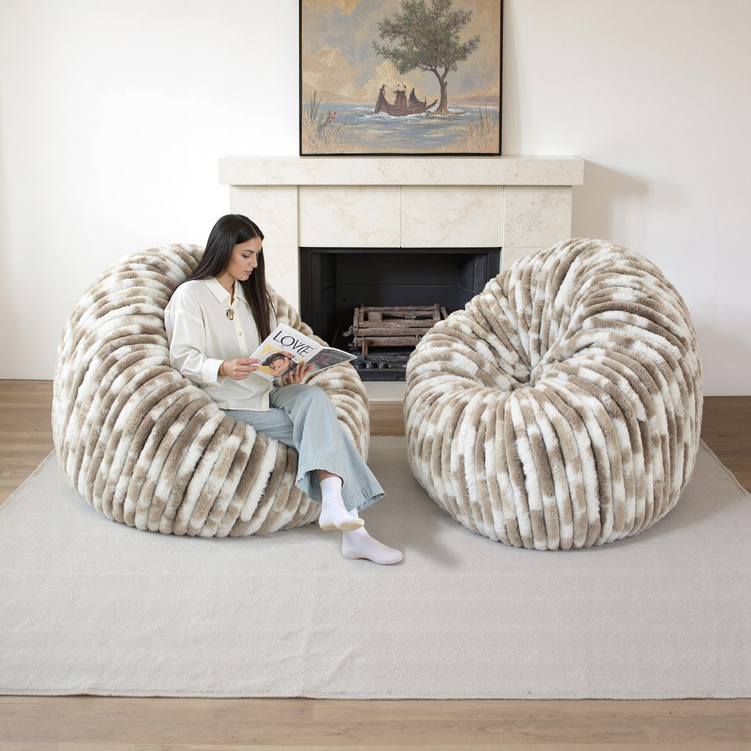 Oversized Large Round 5 Foot Giant Foam Filled Faux Rabbit Fur Bean Bag Sofa with Soft Removeable Cover