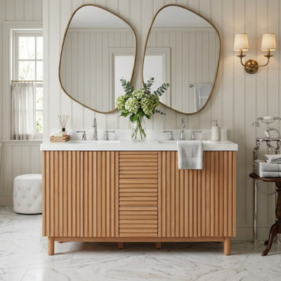 59" Double Sink Bathroom Vanity with SMC Resin Sink, 3 Drawers and Adjustable Storage, Fluted Design, Modern Farmhouse, Primary Bathroom